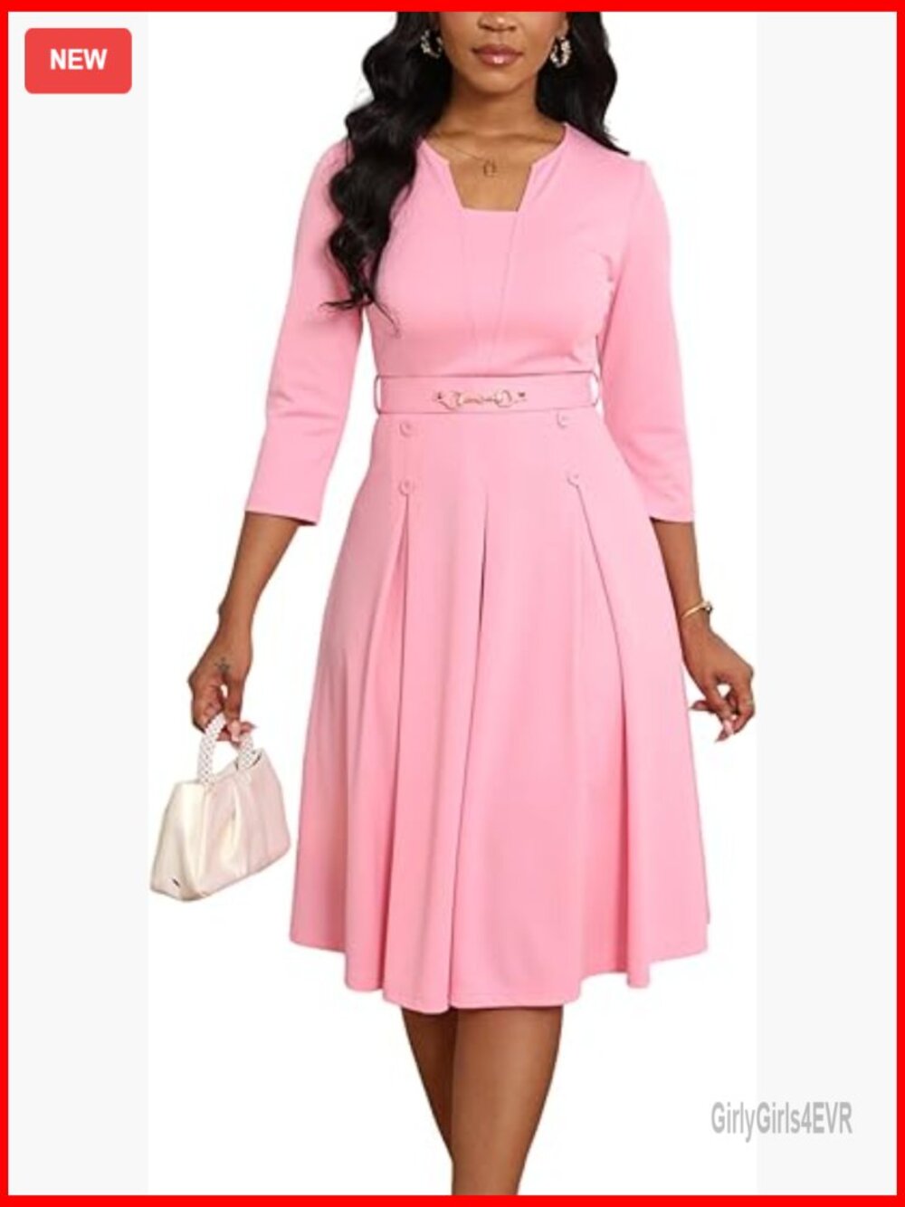 3/4 Sleeve A-Line Midi Dress With Belt Semi Formal